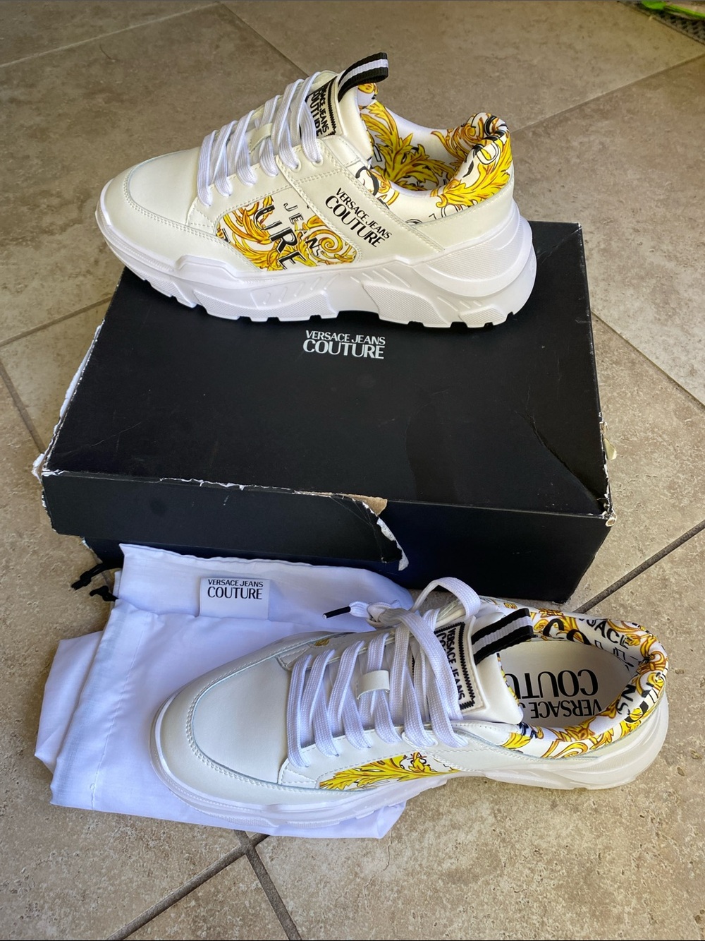 Versace Jeans Fondo Speedtrack White Sneakers with Yellow Baroque Accents